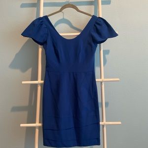 100% silk Flutter sleeve blue mini cocktail dress
